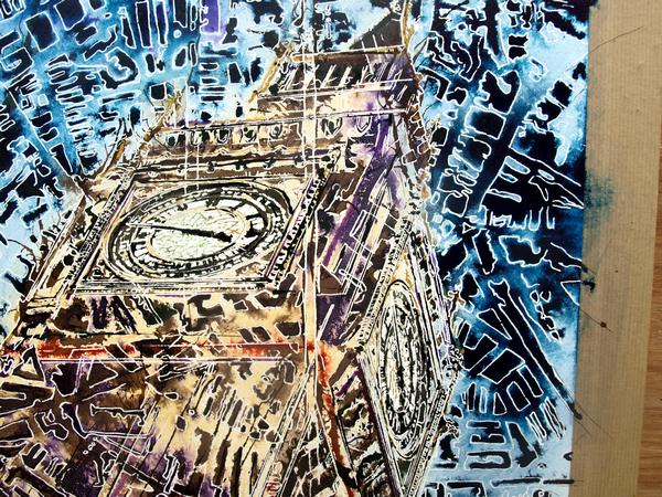 ©2016-Cathy-Read-London-Maps-detail-clock-tower-Watercolour-and-Acrylic-56x76c