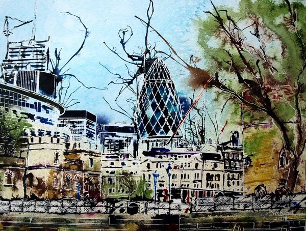 ©2016 - Cathy Read - Approaching the Thames - Watercolour and Acrylic - 30 x 40 cm