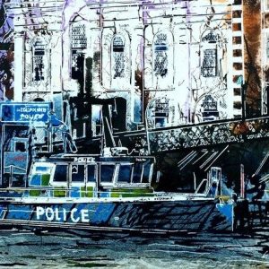 Police Boat Painting moored at a jetty against the North bank of the ThamesPolice Boat - ©2016 - Cathy Read - Watercolour and Acrylic on paper - £337
