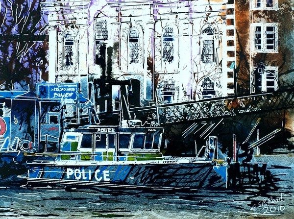 Police Boat Painting moored at a jetty against the North bank of the ThamesPolice Boat - ©2016 - Cathy Read - Watercolour and Acrylic on paper - £337