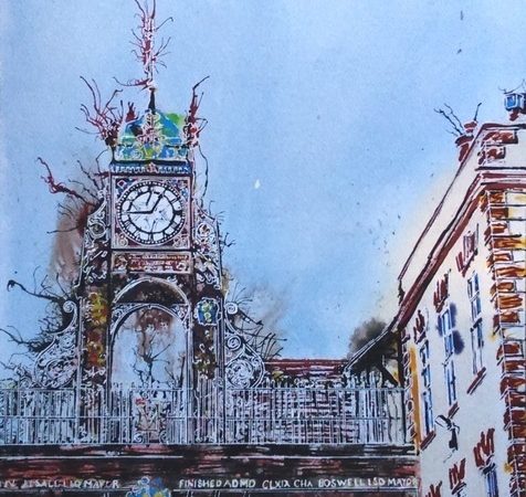 ©2016-Cathy Read- Chester Clock Tower- 50x40cm - Watercolour and Acrylic ink
