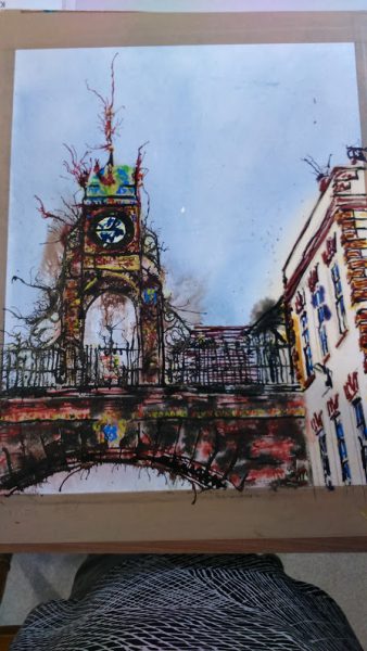 ©2016-Cathy-Read- Chester clock work in progress painting -Watercolour-and-Acrylic-40-x-50-cm