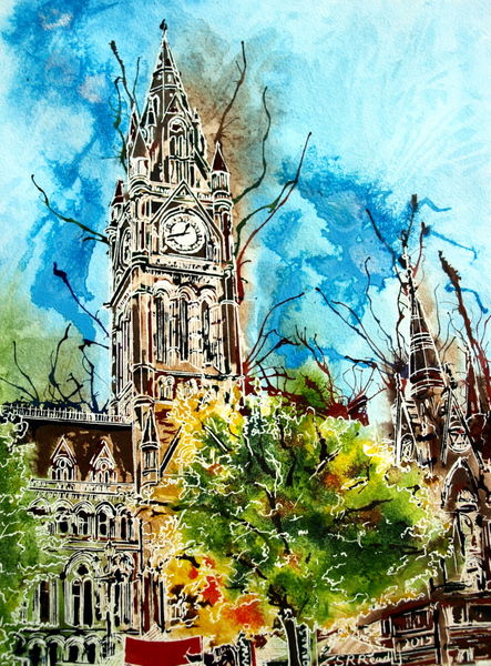 Painting of Manchester-Town-Hall - ©2015-Cathy-Read-Watercolour-and Acrylic-40-x-30-cm SOLD