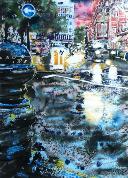 ©2017 - Cathy Read -Sloane Square at Night - watercolour and Acrylic Ink - 56 x 76 cm 