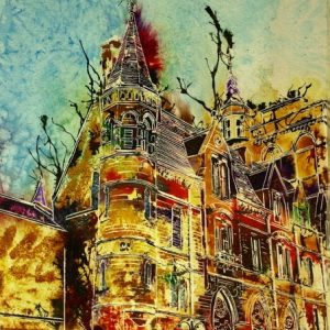 Painting of Balliol College, Oxford- Looking uo at one of the corner turrets on Broad Street ©2014-Cathy Read-Watercolour and Acrylic-28x-38-cm