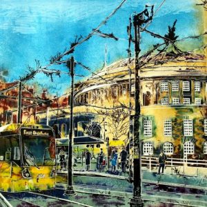 Manchester Central Library Print Painting of a tram stopped at a stop outside Central Library in Manchester. Stopping at Central Library - ©2015-Cathy-Read - Watercolour-and-Acrylic-55-x-75cm - SOLD