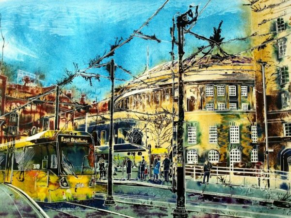 Manchester Central Library Print Painting of a tram stopped at a stop outside Central Library in Manchester. Stopping at Central Library - ©2015-Cathy-Read - Watercolour-and-Acrylic-55-x-75cm - SOLD