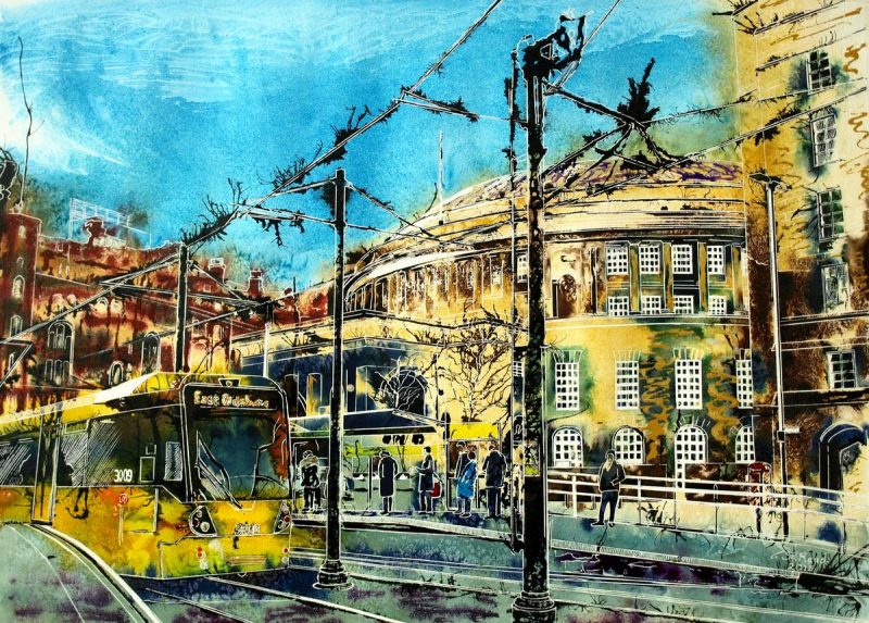 Manchester Central Library Print Painting of a tram stopped at a stop outside Central Library in Manchester. Stopping at Central Library - ©2015-Cathy-Read - Watercolour-and-Acrylic-55-x-75cm - SOLD
