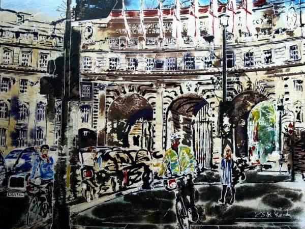 Painting of Admiralty Arch with cars, taxis, cyclists and pedestrians©2016-Cathy-Read-Admiralty-Arch-Watercolour-and-Acrylic-40-x-50-cm