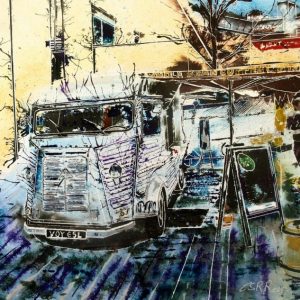 ©2016 - Cathy Read - H van cafe- Watercolour and Acrylic on paper -40 x 50 cm - £550