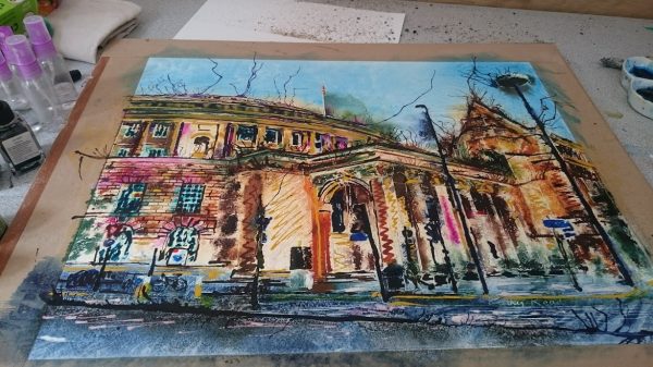 ©2017 - Cathy Read - Manchester Central Library - watecolour and acrylic ink - WIP3