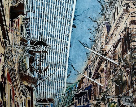 Painting of Lombard Street in London with Walkie Talkie in the backgroundAncient-Signs - Cathy-Read - ©2016 -Watercolour and Acrylic-76 x 56-cm