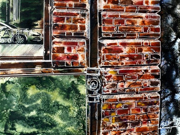 Painting of a wall with a drainpipe and window. There is a car reflected in the wondow.