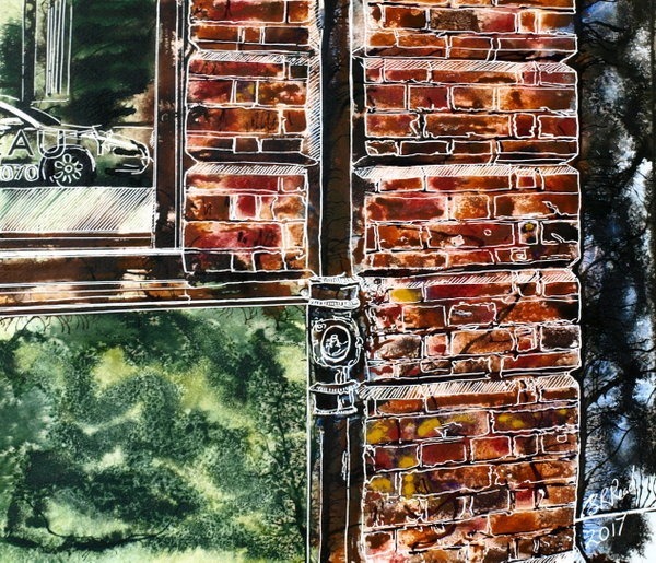 ©2017-Cathy-Read-Reflected-Glory Painting of brickwork and window reflecting a car in watercolour-and-Acrylic-on-paper-40-x-50-cm