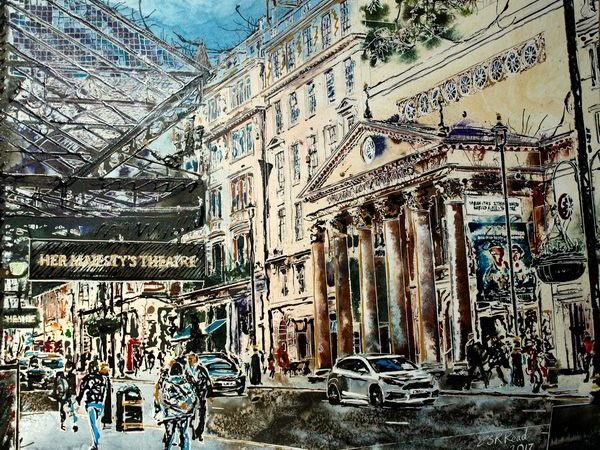 ©2017-Cathy-Read- Painting of The Haymarket, London -watercolour and acrylic ink-56x76cm - £1247