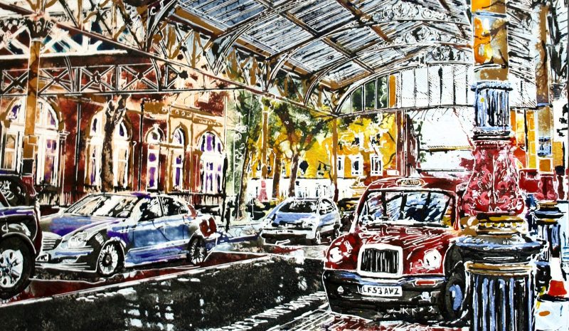 London Painting in progress, video of the creation of Maylebone station ©2017 - Cathy Read - Painting detail, Marylebone Station - Watercolour and Acrylic - 51 x 61cm