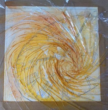 Painting of clock face in progress covered with cling film