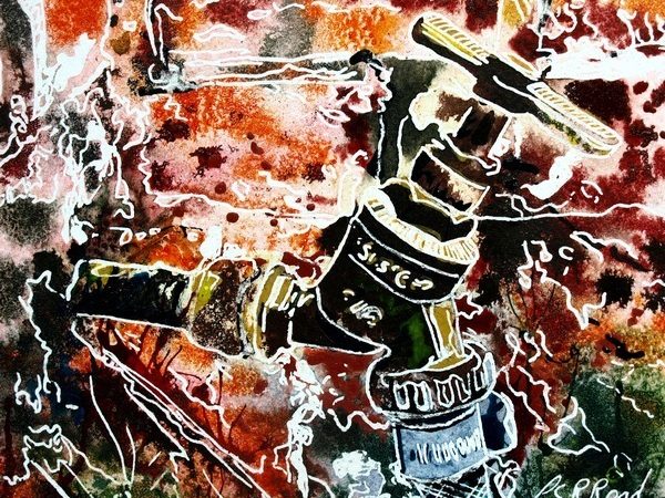 Painting of an outside tap on a brick wall at Claydon House