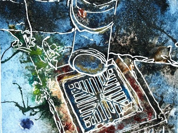 Painting of drain with plants growing in cracks Painting by Cathy Read, watercolour and acrylic ink