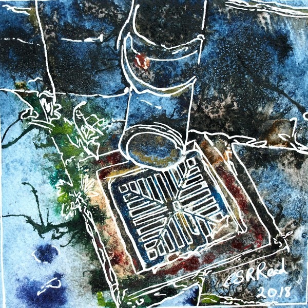 Painting of drain with plants growing in cracks Painting by Cathy Read, watercolour and acrylic ink