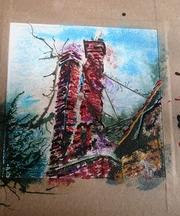 Painting in progress of the Twisted chimney, a brick chimney on the church Street Manor House in Buckingham