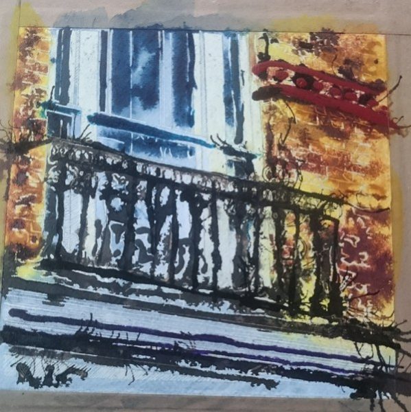Painting in progress of a juliet balcony above a shop in buckingham ©2018-Cathy-Read-9-Juliet-Balcony-Watercolour-and-Acrylic-17.8x17.8cm
