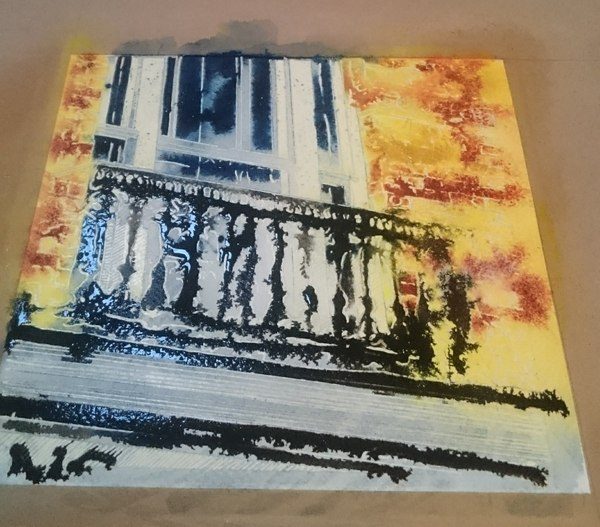 Painting of a juliet balcony above a shop in buckingham ©2018-Cathy-Read-9-Juliet-Balcony-Watercolour-and-Acrylic-17.8x17.8cm