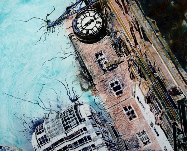 Painting of architecture in Gracechurch Street in London with clock face