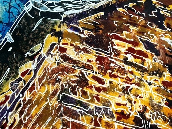 Painting in progress of a #brick wall corner and edge of a roof with tiles and guttering. #Architecture, #painting #4950Paintings. Brick Wall - ©2018 - Cathy Read - 11 of 4950 Series - Watercolour-and-Acrylic-17.8x17.8cm