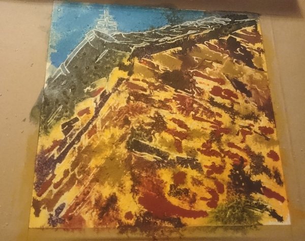 Painting in progress of a brick wall corner and edge of a roof with tiles and guttering. #Architecture, #painting