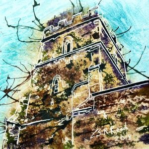 Painting of stonework of Radclive church tower ©2018-Cathy-Read-12-Tower-Watercolour-and-Acrylic-17.8x17.8cm-