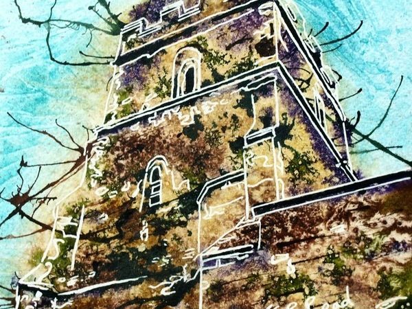 Painting of stonework of Radclive church tower ©2018-Cathy-Read-12-Tower-Watercolour-and-Acrylic-17.8x17.8cm-