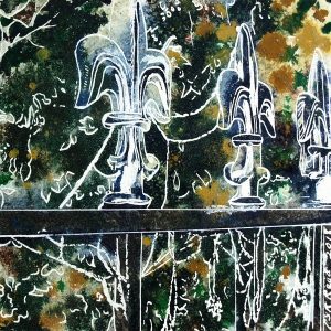 Silver Tips - ©2018-Cathy-Read - 2nd of 4950 Series - Watercolour-and-Acrylic-17.8x17.8cm. Painting of railings covered with frosty cobwebs