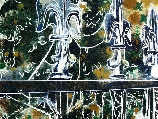 Silver Tips - ©2018-Cathy-Read - 2nd of 4950 Series - Watercolour-and-Acrylic-17.8x17.8cm. Painting of railings covered with frosty cobwebs