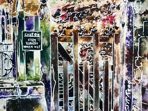 Chantry Gate Painting - ©2018 - Cathy Read - 4 of 4950 Series - Watercolour-and-Acrylic-17.8x17.8cm - SOLD .Painting of a wooden gate that leads to Chantry Chapel in Buckingham set against an old stone wall