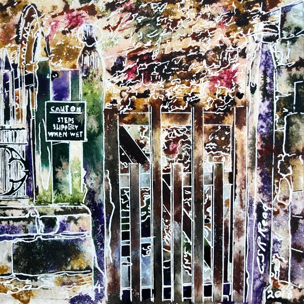 Chantry Gate Painting - ©2018 - Cathy Read - 4 of 4950 Series - Watercolour-and-Acrylic-17.8x17.8cm - SOLD .Painting of a wooden gate that leads to Chantry Chapel in Buckingham set against an old stone wall