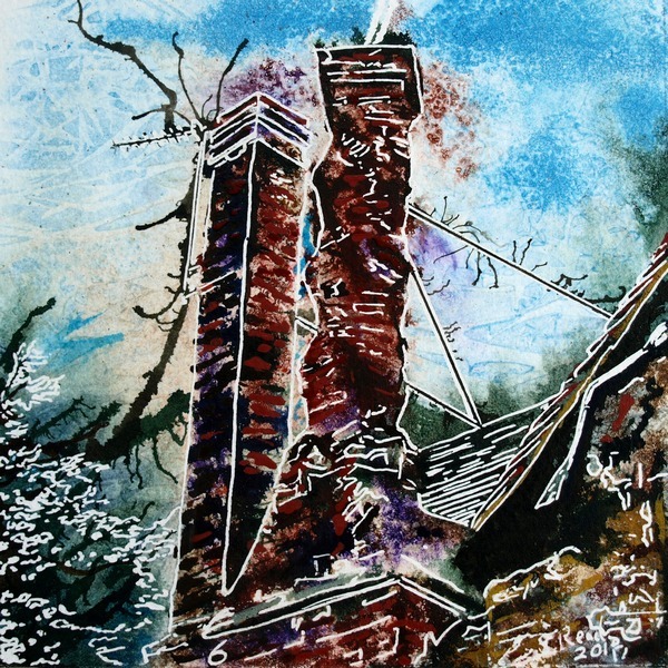 Painting of the Twisted chimney, a brick chimney on the church Street Manor House in Buckingham Twisted Chimney - ©2018-Cathy-Read - 6 of 4950 Series - Watercolour-and-Acrylic-17.8x17.8cm - SOLD