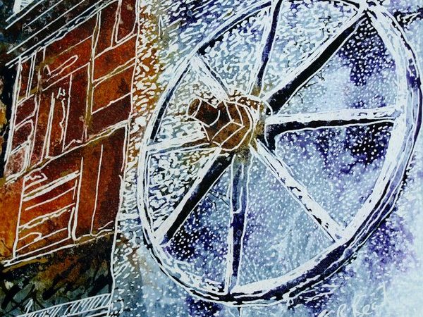 Painting of a house detail with window, brickwork and Pattress plate