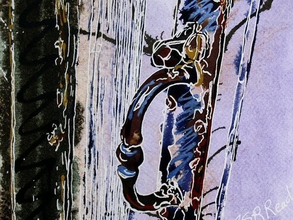 Painting of an old door handle with latch that appears to be nuts or bolts Cottage Latch ©2018 - Cathy Read - 8 of 4950 Series - Watercolour-and-Acrylic-17.8x17.8cm