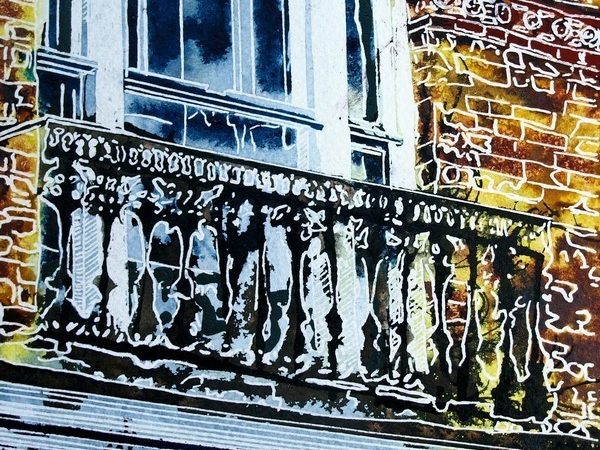 Painting of a juliet balcony above a shop in Buckingham. Juliet-Balcony ©2018 - Cathy Read - 9 of 4950 Series - Watercolour-and-Acrylic-17.8x17.8cm