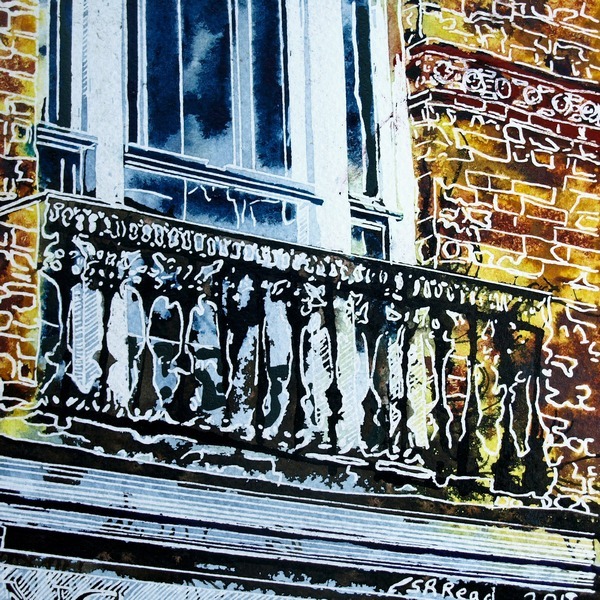 Painting of a juliet balcony above a shop in Buckingham. Juliet-Balcony ©2018 - Cathy Read - 9 of 4950 Series - Watercolour-and-Acrylic-17.8x17.8cm
