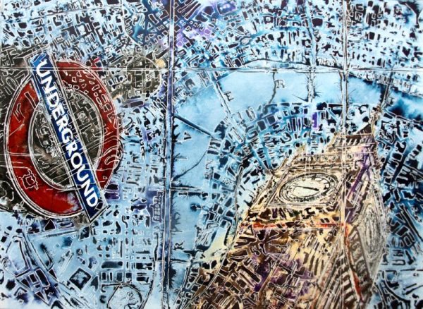 Abstract architectural painting of London underground sign and Elizabeth Tower, Big Ben, Houses of Parliament