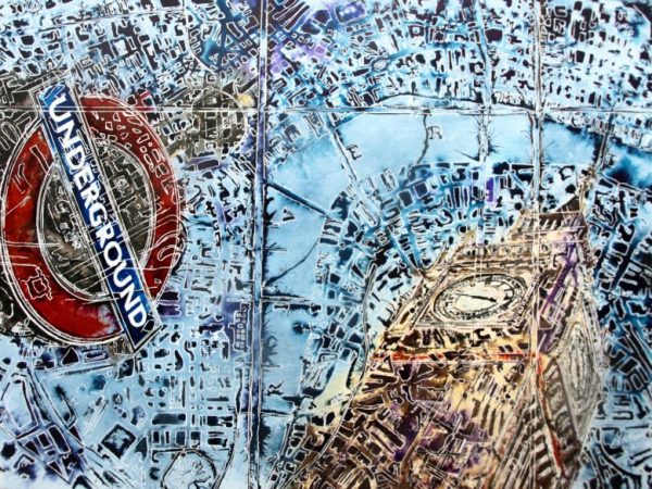 Abstract architectural painting of London underground sign and Elizabeth Tower, Big Ben, Houses of Parliament