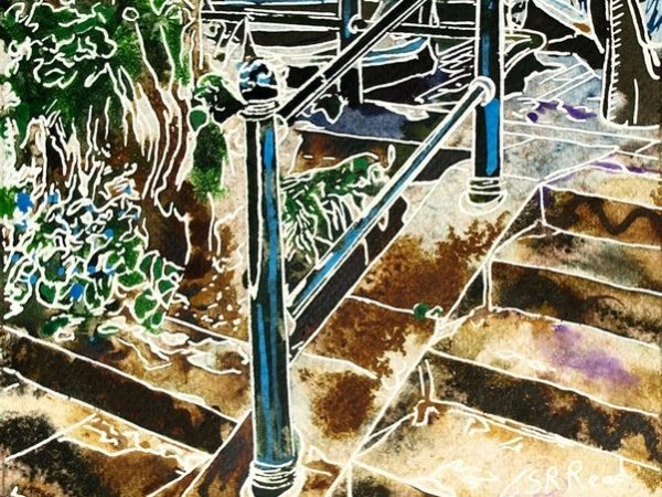 Handrail painting meditations. Painting of a handrail and steps. Hand Rail - ©2018 - Cathy Read - 16 of 4950 Series - Watercolour-and-Acrylic-17.8x17.8cm