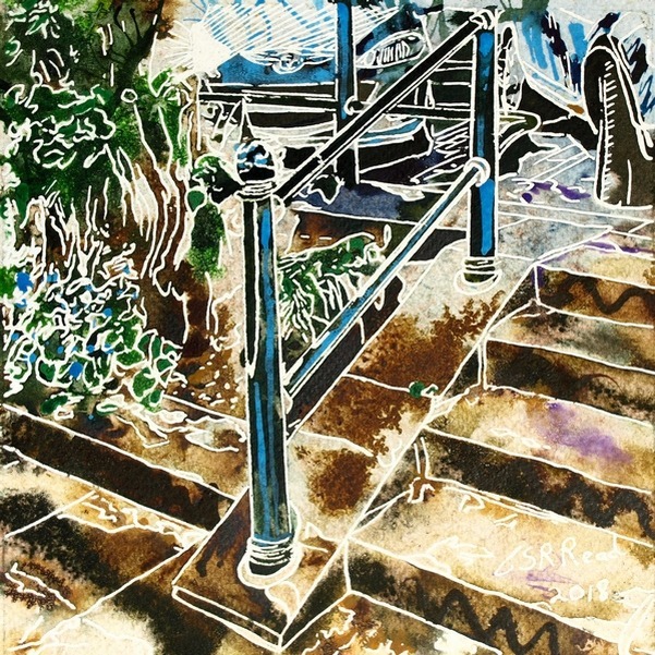 Handrail painting meditations. Painting of a handrail and steps. Hand Rail - ©2018 - Cathy Read - 16 of 4950 Series - Watercolour-and-Acrylic-17.8x17.8cm