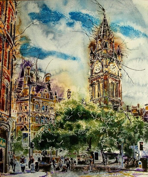Painting of Albert Square in Manchester with the Town Hall and trees in the foreground. People wandering aroundAlbert-Square-Cathy-Read- 50x40cm-SOLD-©2018-