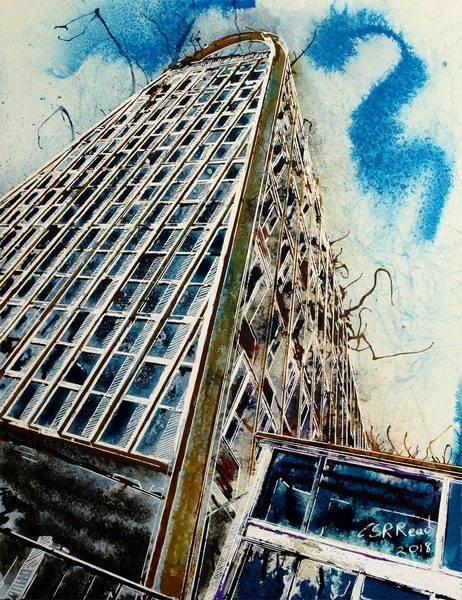 Painting of the Hollings building in Manchester - ©2018-Cathy-Read-Toastrack-Towers-Watercolour-and-acrylic-ink-