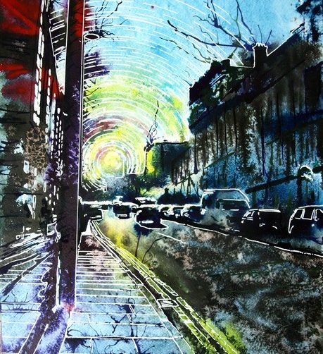 Sunlit-Street - ©2016 Cathy-Read-Watercolour-and-Acrylic-30-40-cm