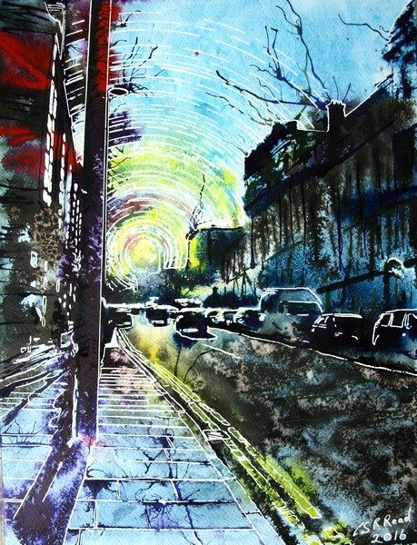 Painting of Deansgate in Manchester looking towards the setting sun Sunlit-Street - ©2016 Cathy-Read-Watercolour-and-Acrylic-30-40-cm