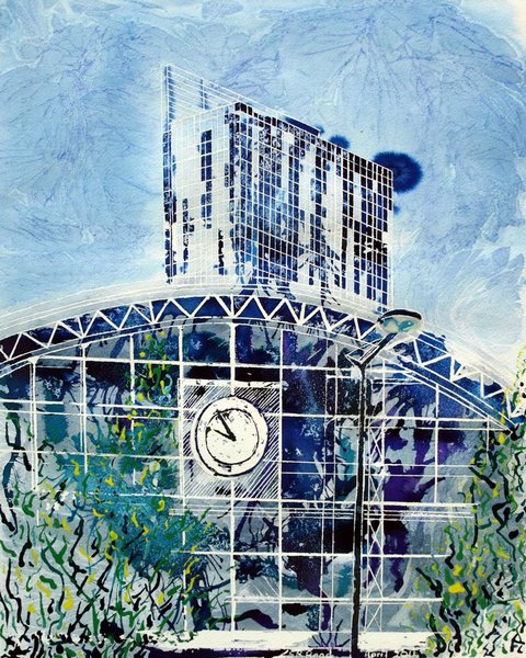 Manchester Central Painting of Manchester's Gmex Centre, Former Central Railway station and Beetham TowerDecades Apart- Cathy Read - Watercolour and acrylic ink - 40x50cm